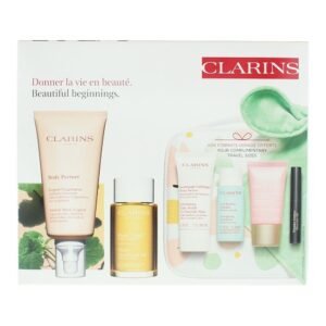 Clarins Beautiful Beginnings Gift Set 175ml Stretch Mark Expert + 30ml Exfoliating Body Scrub + 15ml Multi-Active Day Cream + 100ml  Tonic Treatment Oil + 3ml Supra Lift & Curl Mascara + Comforter