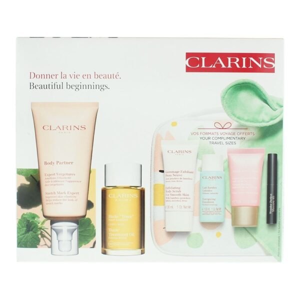 Clarins Beautiful Beginnings Gift Set 175ml Stretch Mark Expert + 30ml Exfoliating Body Scrub + 15ml Multi-Active Day Cream + 100ml  Tonic Treatment Oil + 3ml Supra Lift & Curl Mascara + Comforter