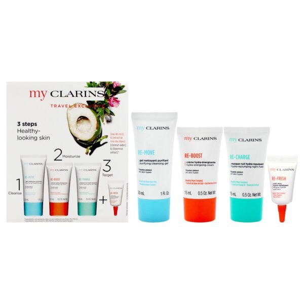 Clarins Grab And Go Set 30ml Cleansing Gel + 15ml Reboost Cream + 15ml Recharge Mask + 3ml Eye Treatment